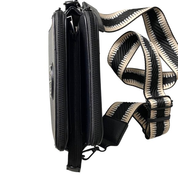 Small Black Leather Effect Crossbody Bag with Emblem & Wide Strap Neutral Travel - Picture 7 of 16